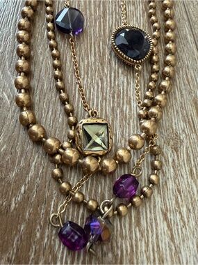 Chico’s Layered Gold Bead Necklace with Purple, green and Smoky Gem Accents